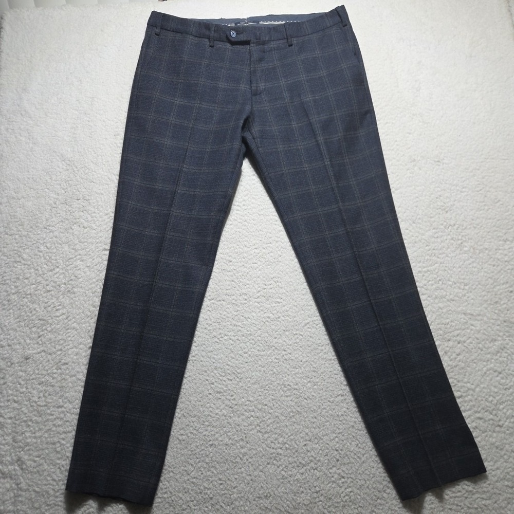 Boggi Milano Men Blue Plaid Wool Flat Front Trouser Size 54 (37x31) Dress Pants